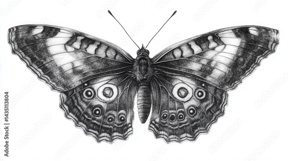 Poster detailed monochrome drawing of a butterfly with intricate wing patterns on a white background captur