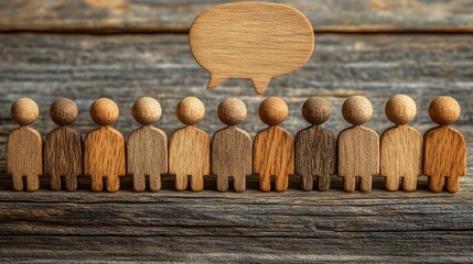 Dialogue: A diverse collection of wooden figures representing different shades of humanity stand in unity beneath a shared voice bubble, showcasing the power of inclusive discussion.