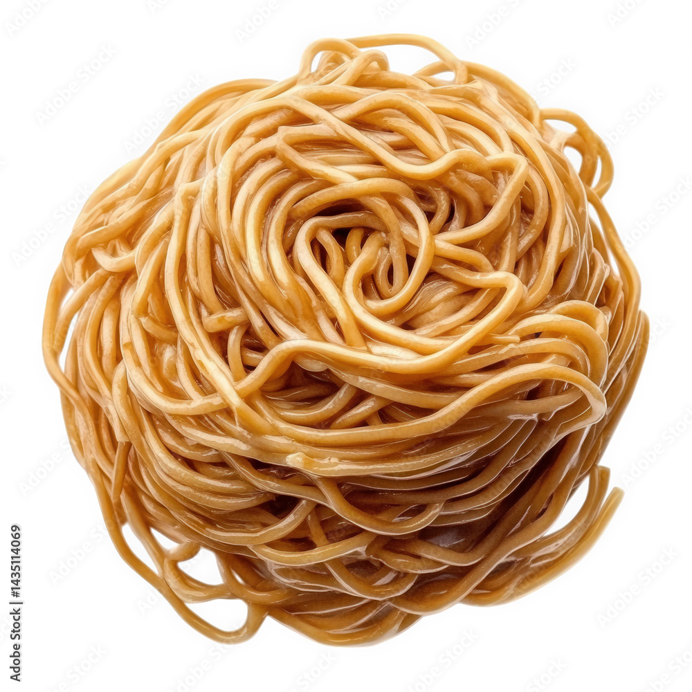 Poster mound of cooked. golden-colored noodles. arranged in a tangled. spiraled shape. showcasing their smo