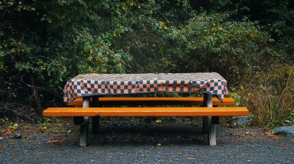 Rustic Orange Picnic Table with Checkered Tablecloth in a Lush Green Forest Setting