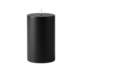 Isolated black cylinder candle casting subtle shadow on crisp white backdrop