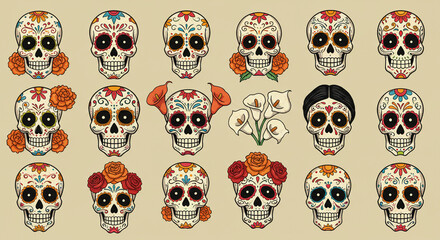Vibrant Collection of Sugar Skulls Dia de los Muertos Inspired Designs