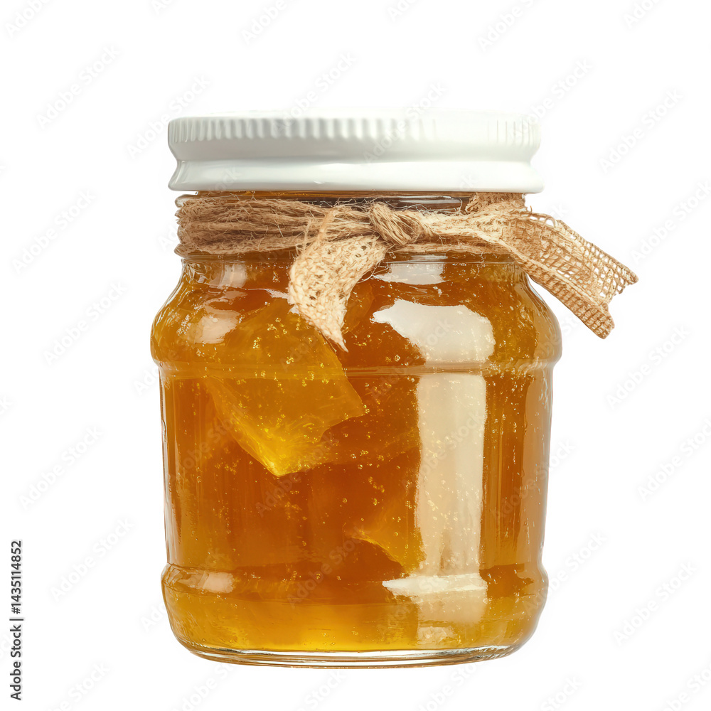 Poster jar of amber-colored jam or jelly. sealed with a white lid and adorned with a rustic burlap ribbon the contents appear to be translucent. suggesting a fruit-based preserve. ideal for spreading on brea