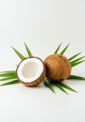 Coconut Halves with Palm Leaves on White Backdrop