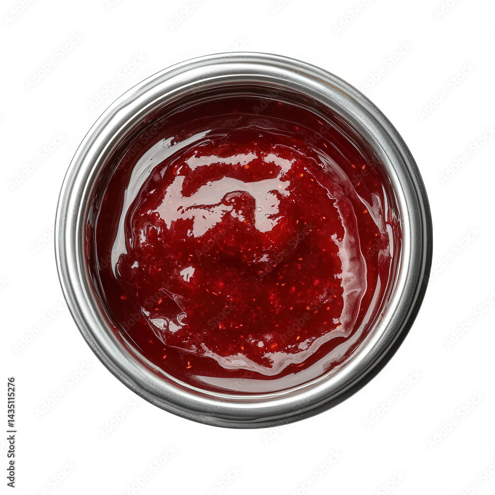 Poster close-up view of a jar filled with a glossy. red fruit jam. showcasing its thick and smooth texture 
