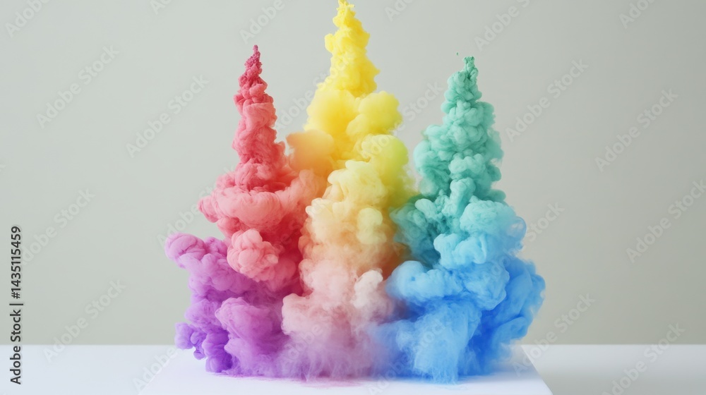 Poster colorful ink clouds creating a vibrant rainbow effect underwater against a neutral background, captu