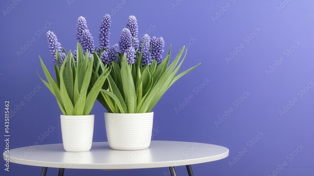 Poster two potted grape hyacinth plants on a white round table against a solid purple background creating a