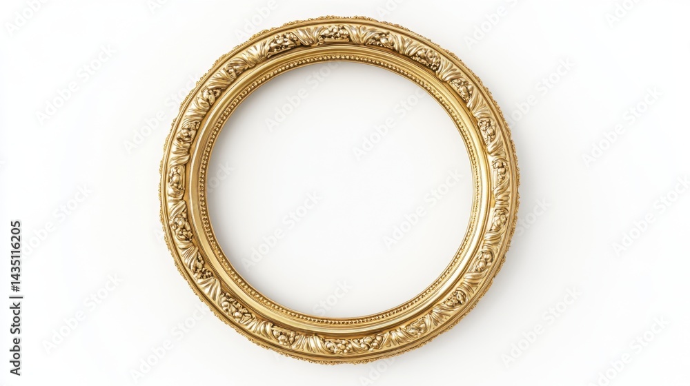 Poster elegant golden circle frame with intricate floral details casting soft shadows on a clean white back