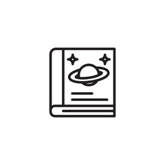 A minimalist line drawing of a closed book with a planet with rings and two stars on its cover.