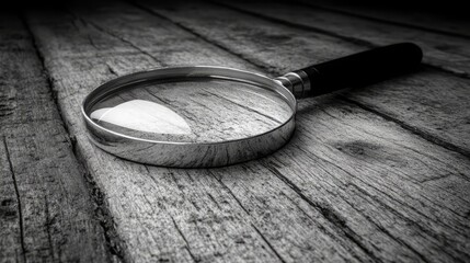 Magnifying Glass on Wooden Surface: A striking black and white shot captures a magnifying glass resting on a weathered wooden surface, exploring themes of investigation and scrutiny.