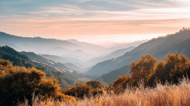 Breathtaking mountain landscape with rolling hills, soft light, and autumn foliage