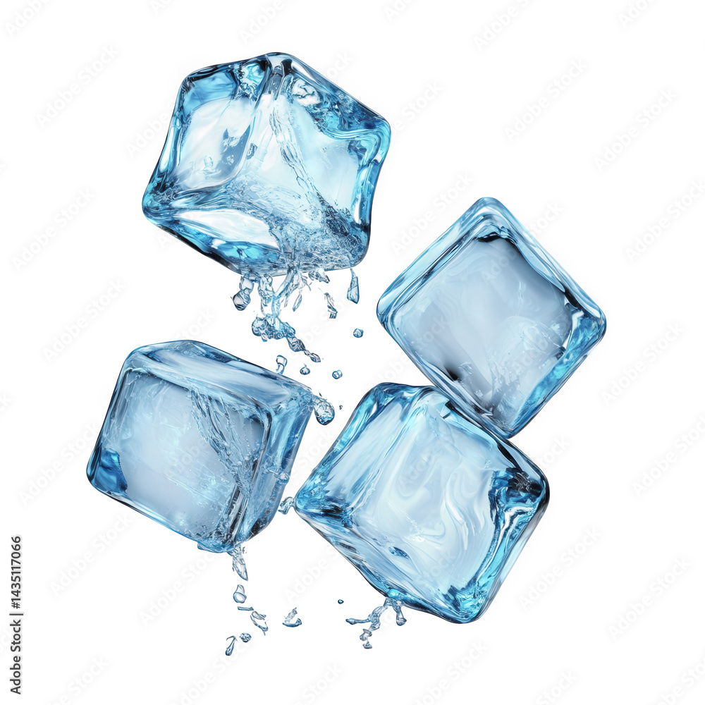 Poster four ice cubes in a dynamic arrangement. with droplets of water cascading from them. creating a refr