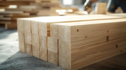 Stack of Wooden Beams in a Workshop