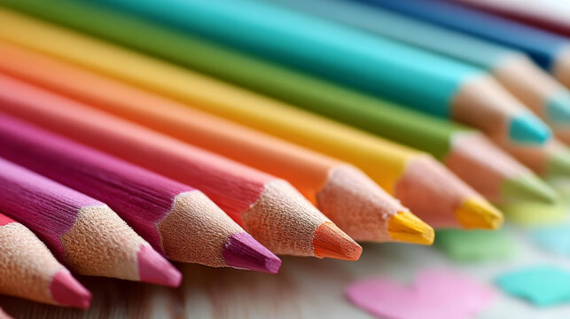 Colorful pencils arranged in vibrant gradient, showcasing creativity and artistic expression