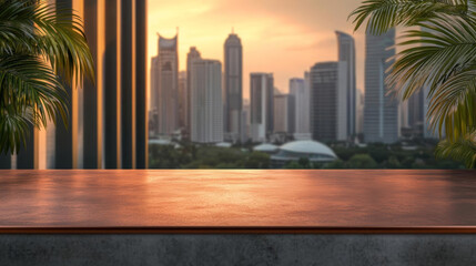 Obraz premium Serene cityscape at sunset with smooth surface in foreground, perfect for presentations