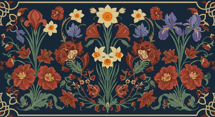 Elegant Floral Tapestry Design Vintage Botanical Illustration with Irises, Daffodils, and Poppies