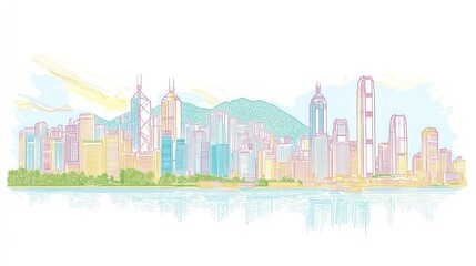 Naklejka premium Hong Kong Skyline Sketch, Pastel Colors, Cityscape, Peaceful Morning, Background