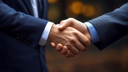 Handshake in Business: A close-up shot captures a firm handshake between two business professionals, symbolizing agreement, partnership, and trust in a formal setting.