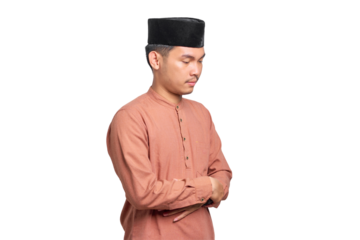 Portrait of Asian Muslim man praying isolated on transparent background