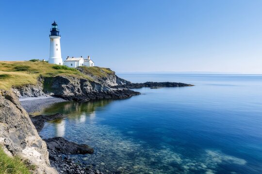 White lighthouse standing on a cliff overlooking the calm blue sea