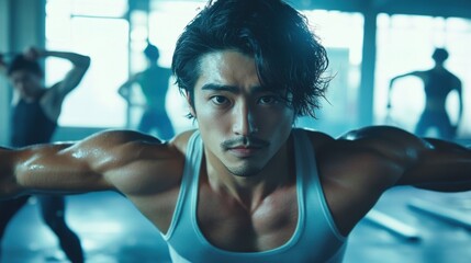 グループワークアウトでストレッチする男性（ai生成画像）