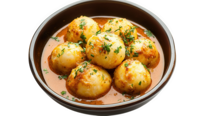 bowl of deliciously cooked egg curry. showcasing six boiled eggs immersed in a rich. spicy gravy. garnished with fresh herbs it highlights a popular dish in many cuisines. emphasizing the blend of fla