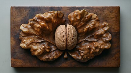 Fototapeta premium Carved walnut halves nestled in leaf design on wooden board.