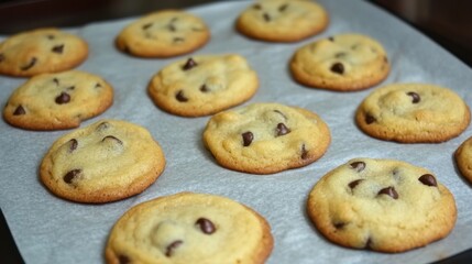 Naklejka premium Freshly Baked Chocolate Chip Cookies on Parchment Paper Ready to Eat Homemade Treat Warm Light Delicious Bakery Style Food Photography