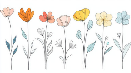 Naklejka premium A single line drawing of various flowers in pastel colors, arranged side by side on an isolated white background The simple lines and minimalistic design create a charming feel