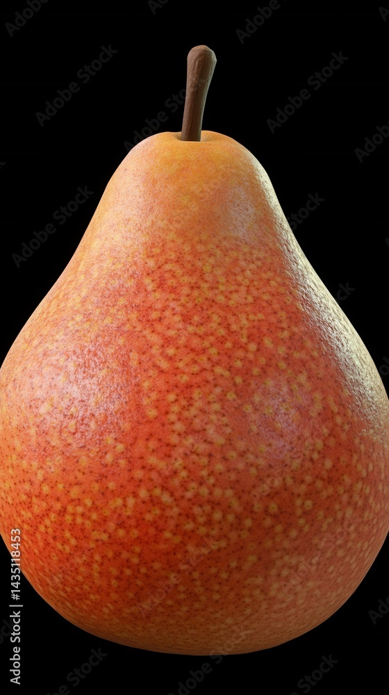 Poster close up of a ripe pear with a stem on a black background showing the texture and color of the fruit