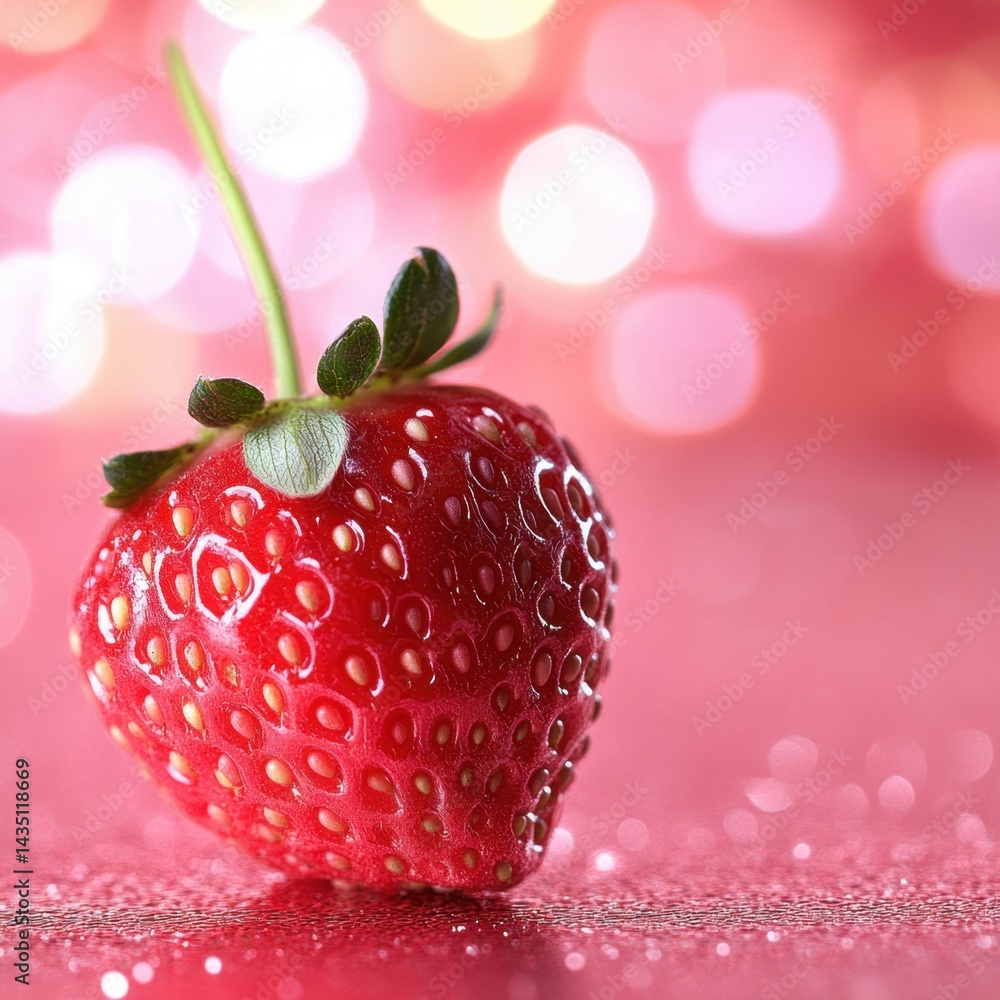 Poster close up of a ripe red strawberry on a sparkling pink surface with bokeh lights in the background ca