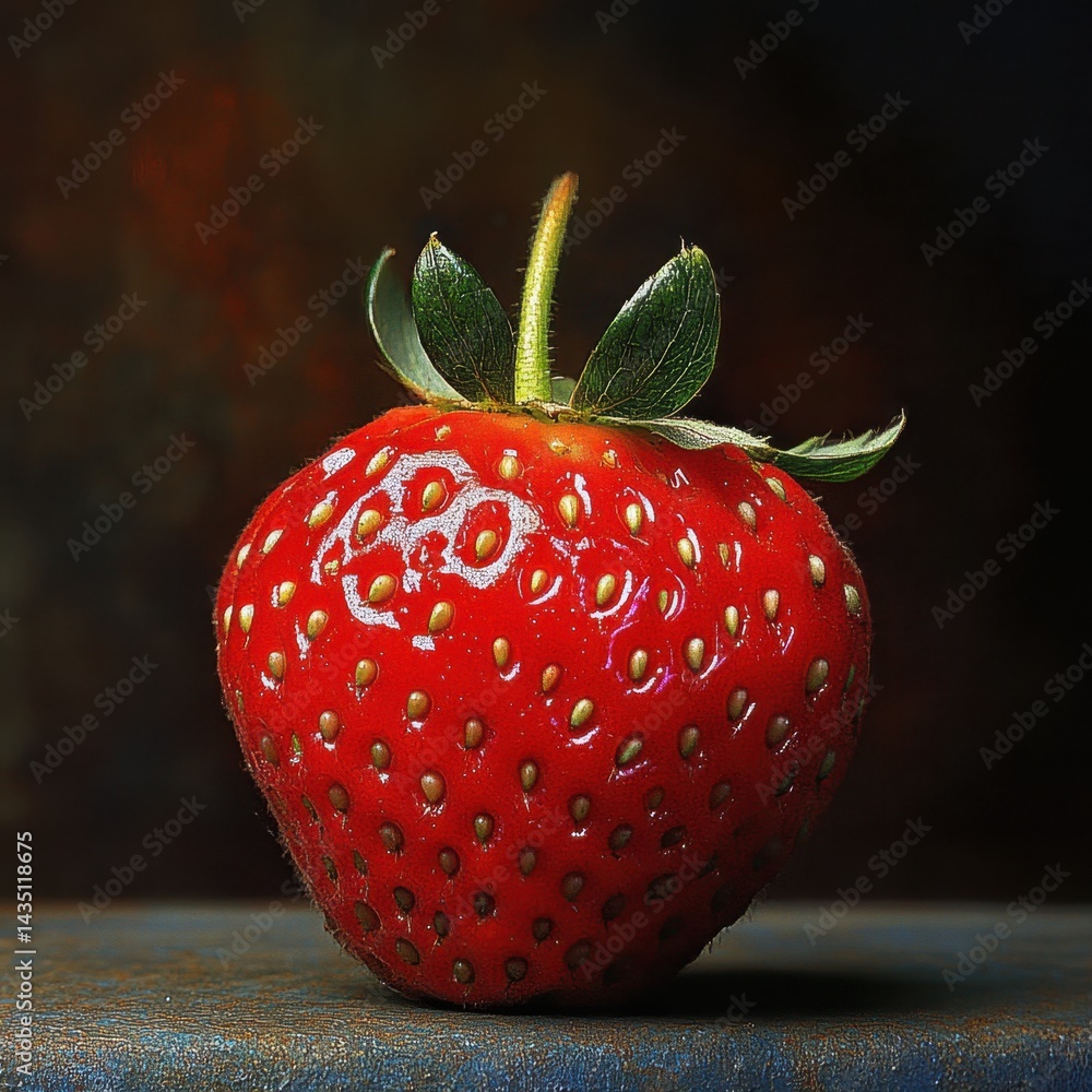 Poster close up of a ripe red strawberry on a rustic surface capturing the freshness and detail of the frui
