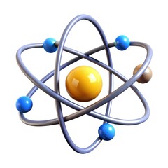 Atom model with orbits and spheres on white background
