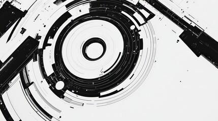 Abstract circular design with black lines and shapes on a white background, suggesting motion