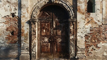 Abandoned wooden door in a crumbling stone archway
