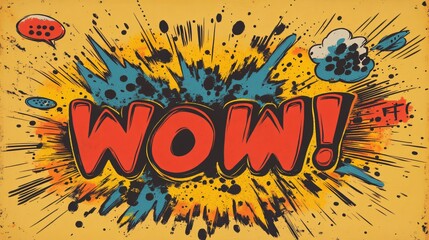 Fototapeta premium Vibrant Retro Pop Art Style with Colorful Wow Lettering and Comic Bubbles on Yellow Background made with Generative AI technology