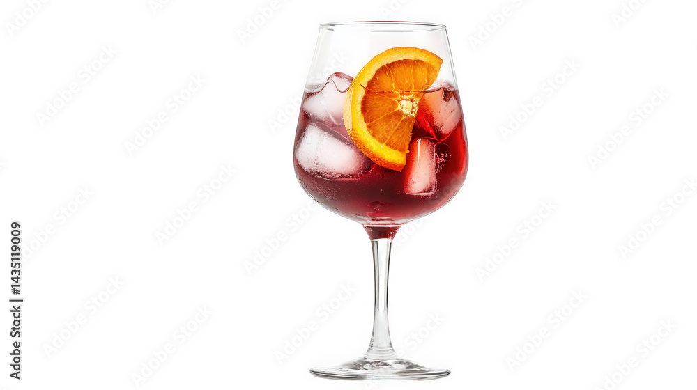 Poster stylish glass filled with a vibrant red drink. garnished with a slice of orange. resting on a white 