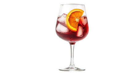 stylish glass filled with a vibrant red drink. garnished with a slice of orange. resting on a white background the drink is likely refreshing and suitable for social occasions. emphasizing a relaxed a