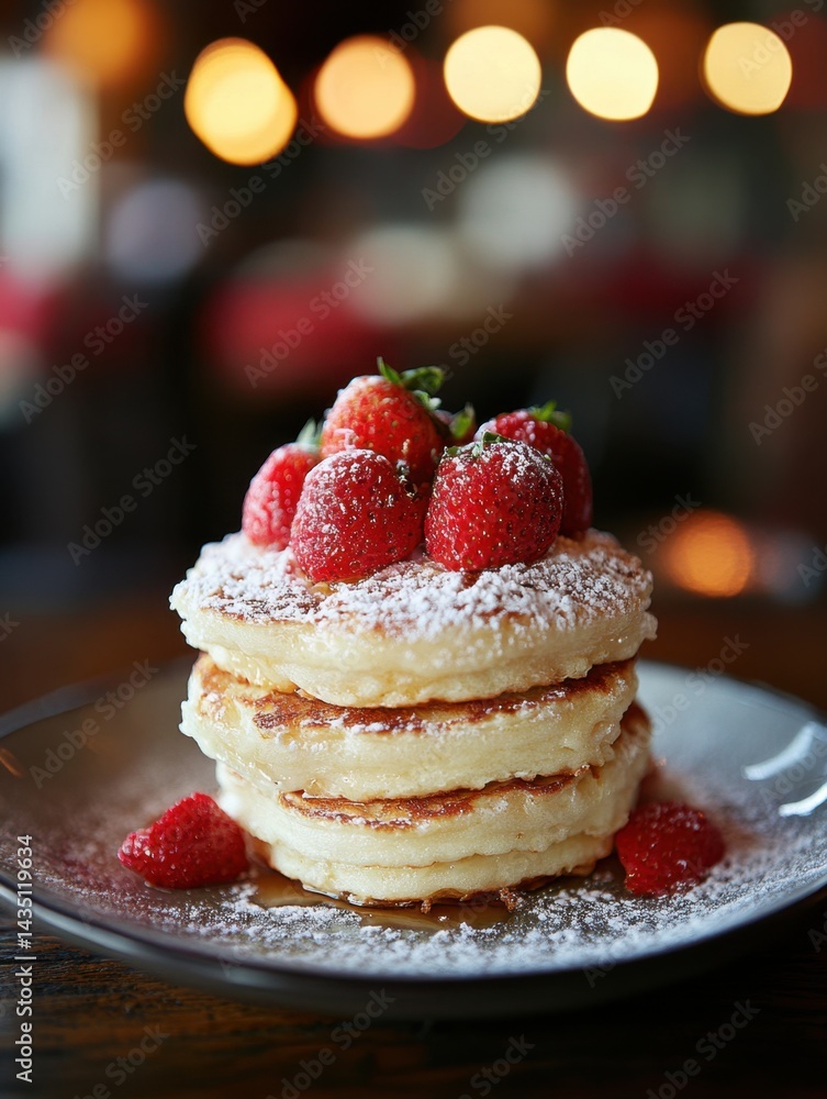 Poster stack of fluffy pancakes topped with fresh strawberries and powdered sugar on a plate with warm boke
