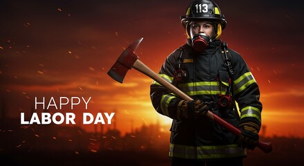 Celebrating Labor Day with a courageous firefighter amidst a fiery sunset backdrop