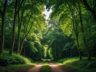 Fototapeta premium Winding dirt path through a lush green forest with tall trees and dappled sunlight. Peaceful nature scene.