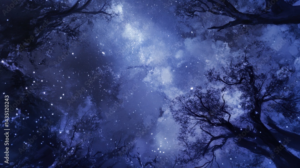 Poster enchanting night sky view through the trees branches with stars and clouds creating a magical and ce