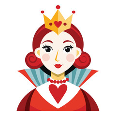 Alice in Wonderland Queen of Hearts clipart. The image shows a stylized depiction of the Queen of Hearts with a crown and a high collar. Vector illustration design.