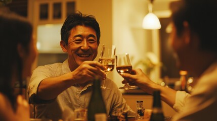 ディナーテーブルで笑い合うカップルと友人たち（ai生成画像）