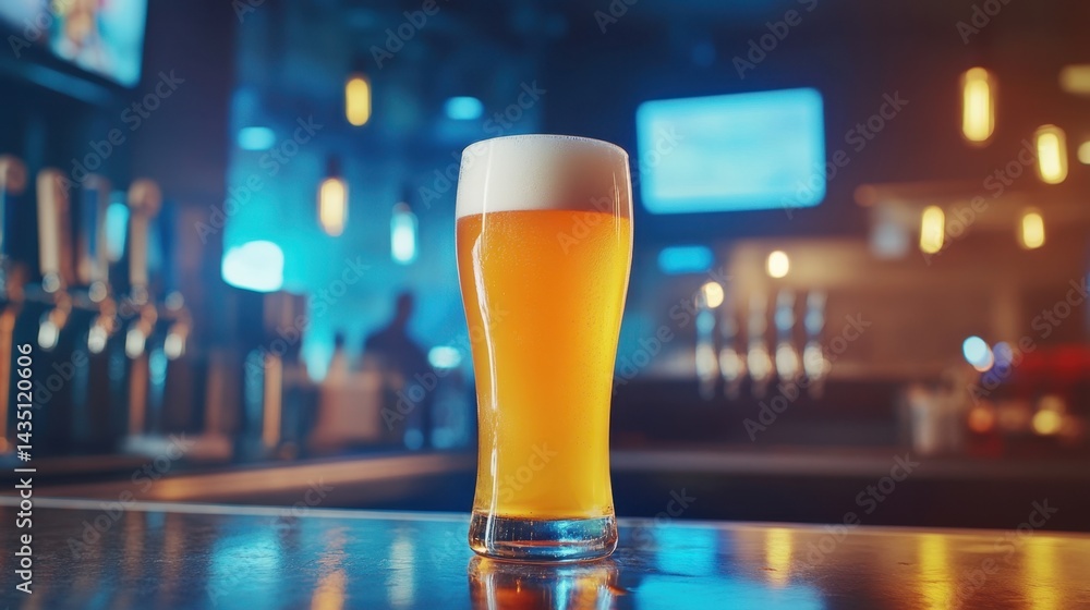 Poster refreshing pint of golden beer with creamy foam on a bar top illuminated by soft lights creating a r