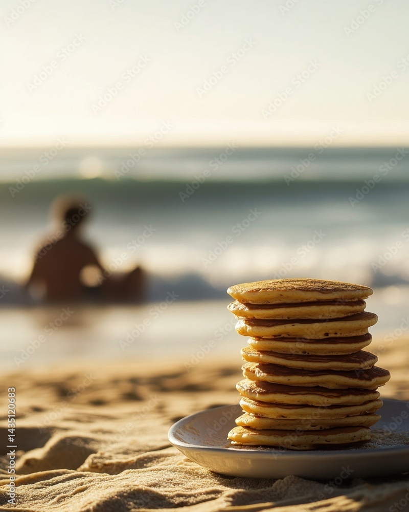 Poster stack of pancakes on a plate by the beach with ocean view and person in the background in golden hou