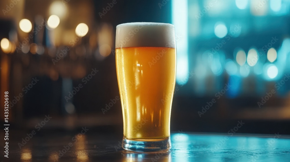 Poster refreshing pint of golden beer with frothy head on bar top in atmospheric light showcasing pub cultu
