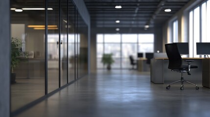 Modern office interior with glass partitions, desks, and city views