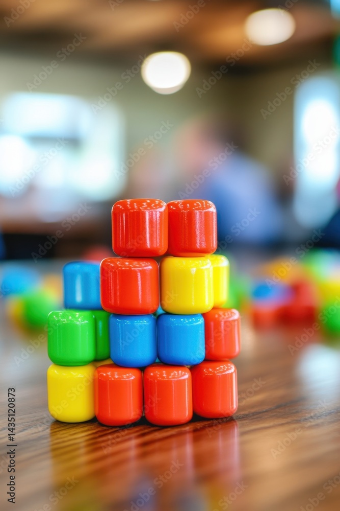 Poster colorful toy blocks stacked in pyramid formation on wooden table creating a playful learning environ