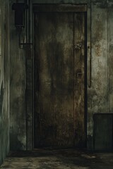Fototapeta premium Dark and Gritty Doorway in a Dilapidated Industrial Setting with a Mysterious and Eerie Atmosphere and a Sense of Abandonment and Decay Captured from a Low Angle